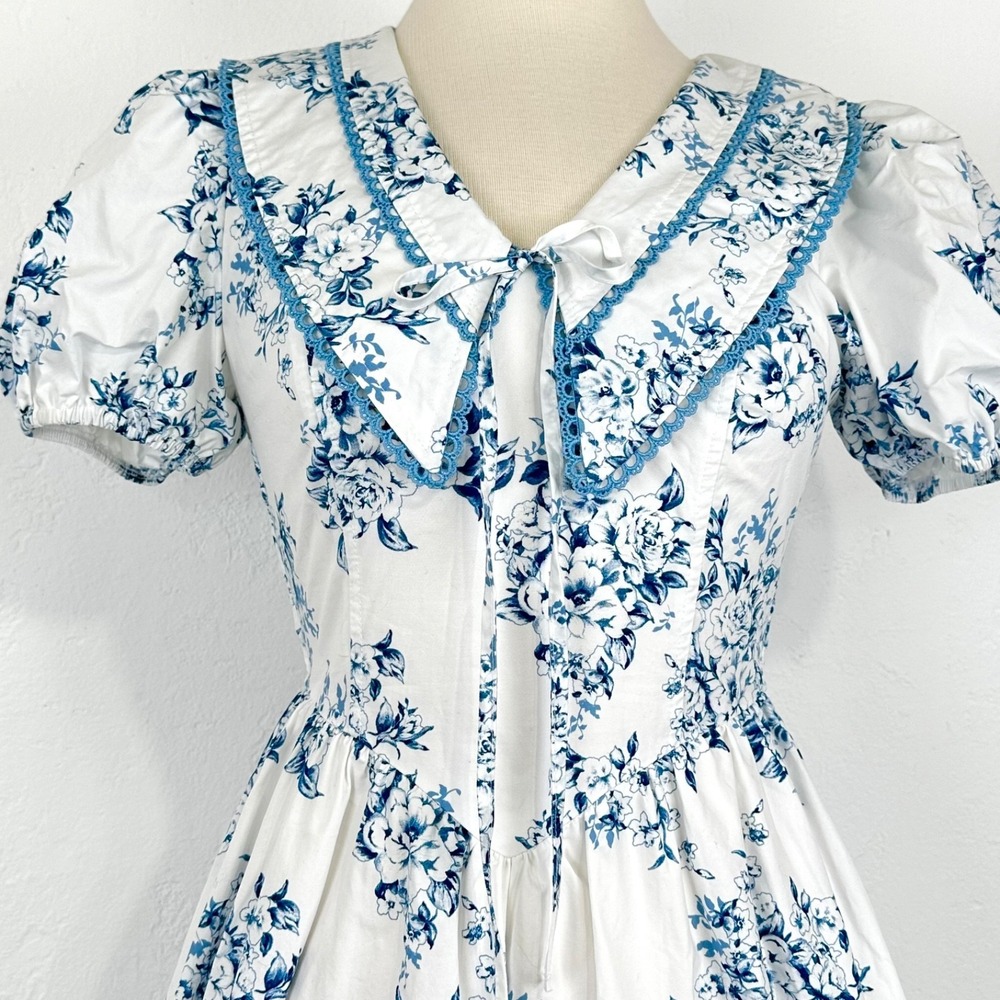 Cottagecore Romantic Dress Small Basque Peter Pan Lace Toile Floral Puff Sleeve - Picture 5 of 8